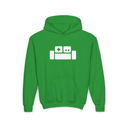 Basement Logo Kids Hoodie (white couch)